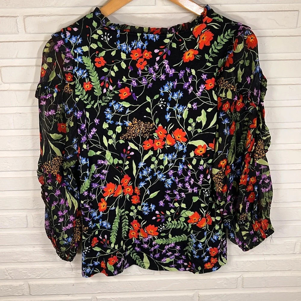 Maeve Black Floral Metallic Mixed Media Balloon Sleeves Top, Women’s Size Small - Picture 7 of 9